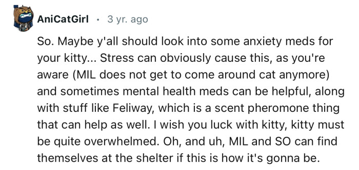 “Maybe y'all should look into some anxiety meds for your kitty.”