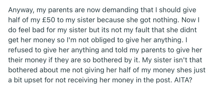 OP’s Parents Are Demanding That She Give Her Sister Half of Her Money
