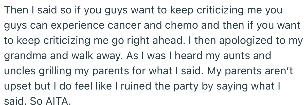 OP was fed up and gave family members a piece of her mind before excusing herself from the party