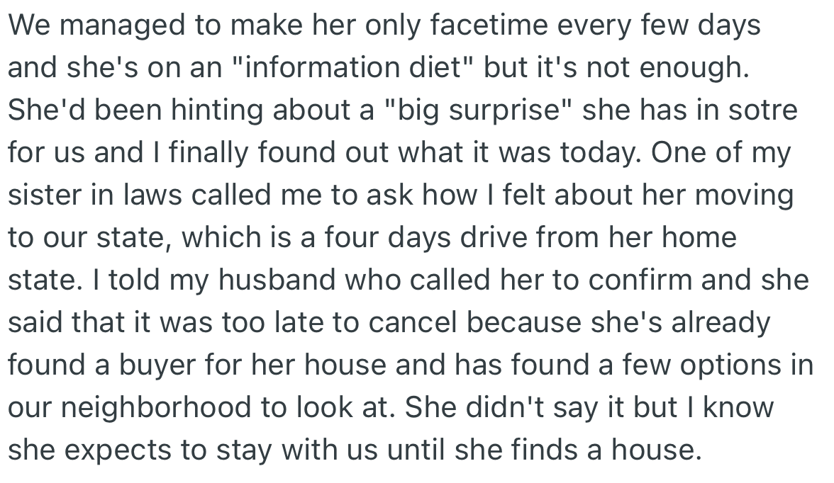 OP’s MIL calls often to see her granddaughter and speak to her son (OP’s husband). Surprisingly, OP discovered her MIL’s next plan was to move closer to them and be involved in their lives.