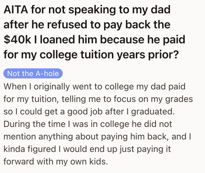OP lays out the history first, noting that her dad funded her education without suggesting she owed him anything.