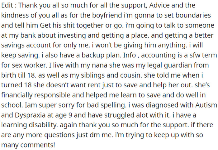 OP is trying to take control of her life, set boundaries, and work on her financial independence