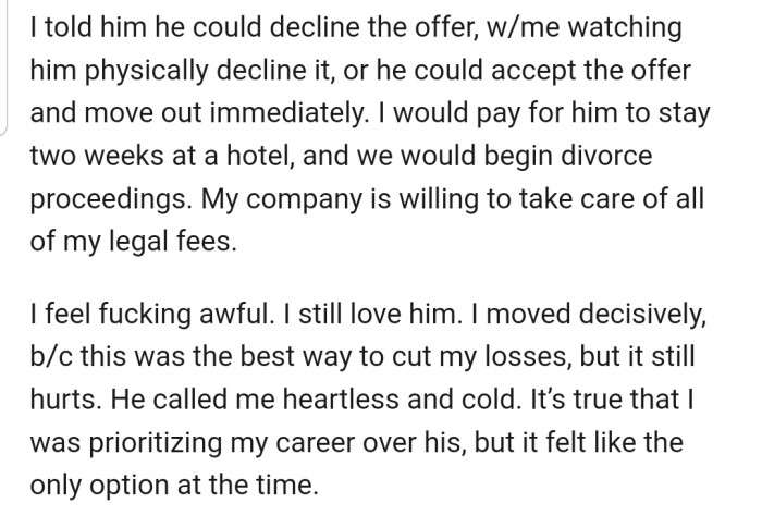 Now OP is threatening divorce if her husband takes the job.