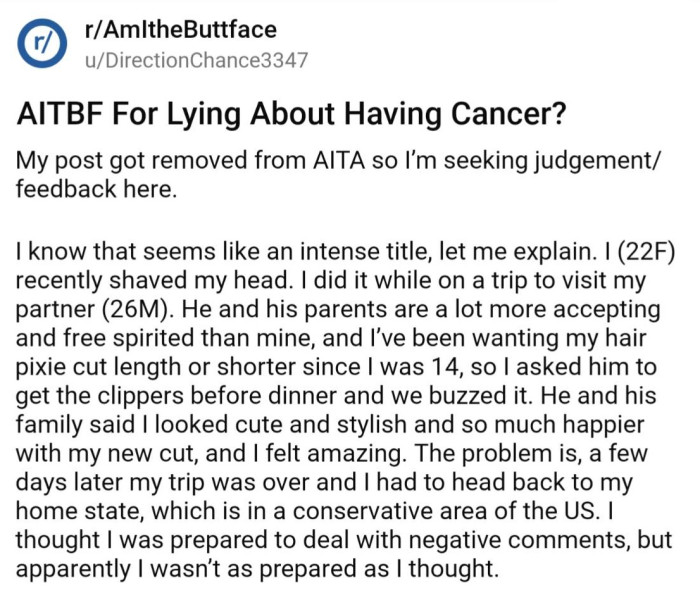 While visiting her partner's family, OP decided to finally take the plunge and cut her hair super short, as she had wanted for years