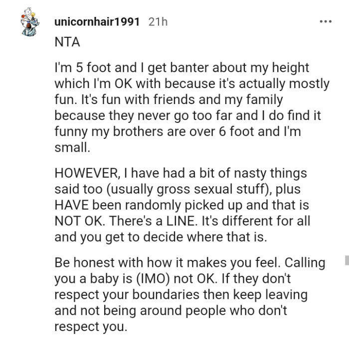 This redditor insists that calling the OP a baby is not okay