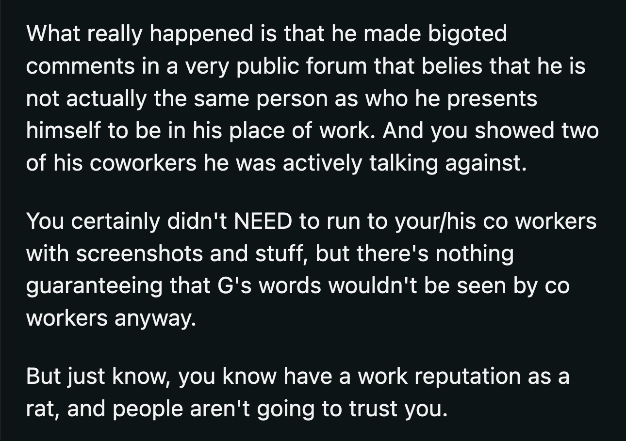 Their queer coworkers who were friends with G needed to find out what kind of person he was.