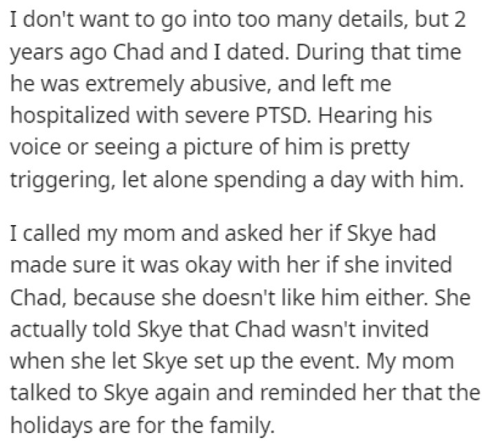 Skye invited Chad, whom OP used to date two years ago