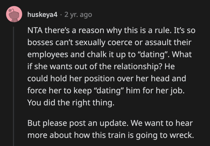 Unfortunately, OP didn't write any follow-up posts about what happened to Drew after the boss found out about his relationship with Anna.