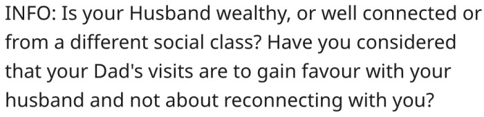 Her father's visit is to gain favor from her wealthy husband.