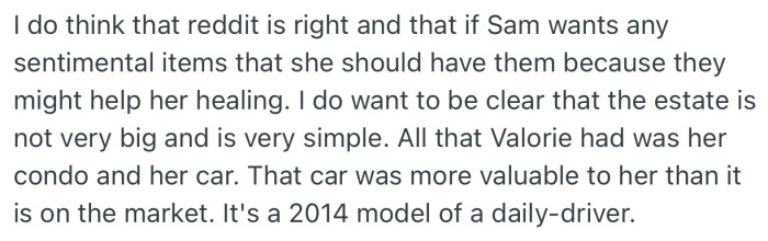 OP is considering giving Sam only sentimental items