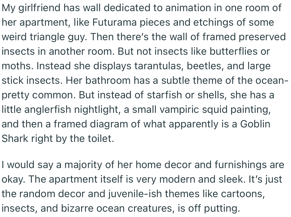 OP explained that his girlfriend has a thing for juvenile-themed decor, which he finds distasteful
