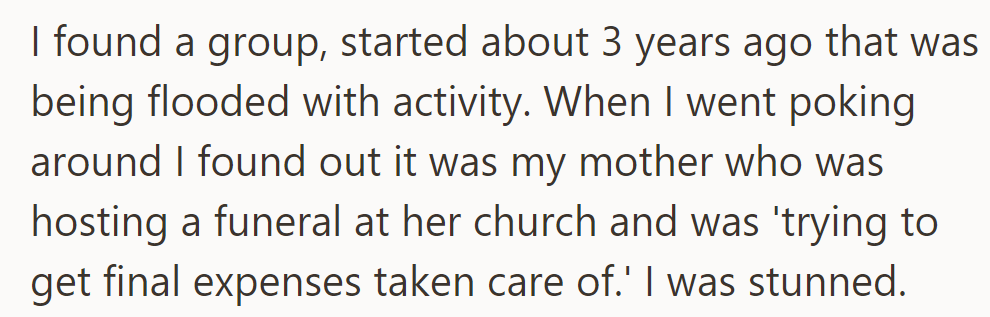 They discovered their mother organizing a funeral and managing final expenses in a busy online group.