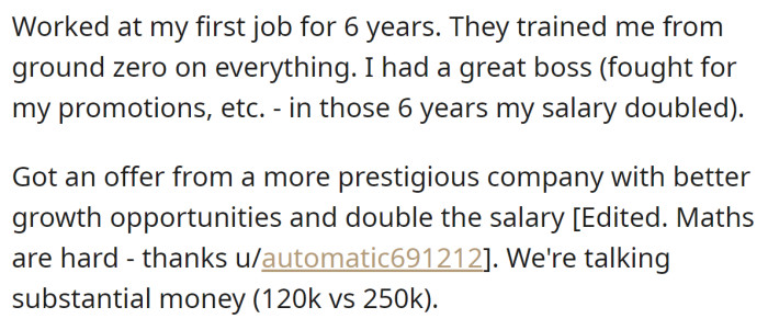 The OP Explained They Worked for Six Years at Their Job but Decided to Quit for a Better One: