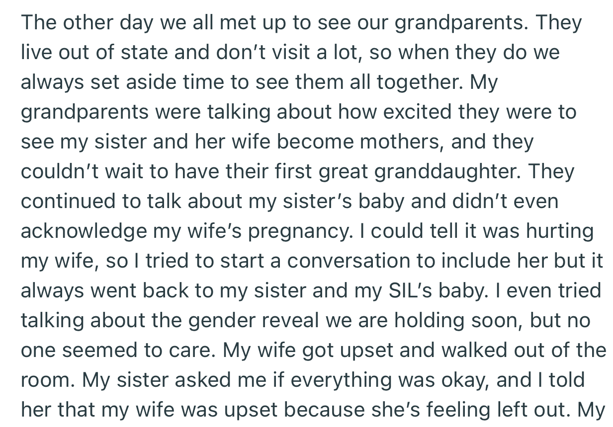 OP’s wife got upset and walked out on the family for hardly even acknowledging her pregnancy during their gathering