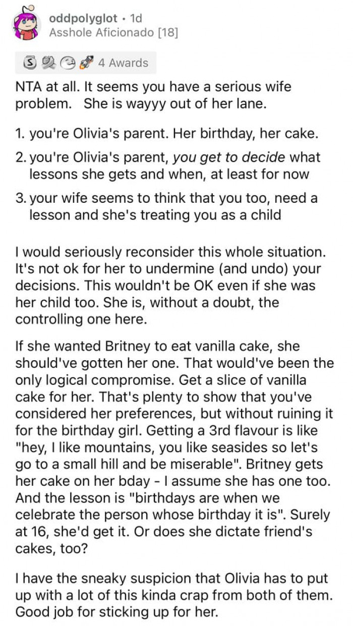 OP Has a Serious Problem; The Cake Is Just a Small Part of It