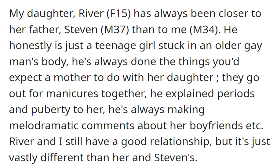 River (F15) is closer to her father, Steven (M37), who takes on maternal roles, unlike her relationship with her mother.