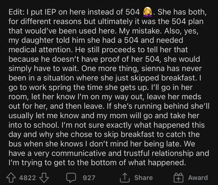 OP added an “Edit” at the end to provide more context about the situation: