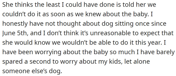 The OP supposed the cousin would understand the prioritization of her immediate family's well-being, but she wants to hear other people's opinions: