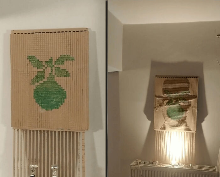 "This Magritte's Son Of Man Lives In The Shadows - I Made This From 2,000 Wooden Tiles, Visible Only With The Light Source On. Glad How It Came"