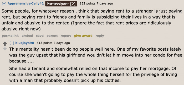 Basically, it's okay to pay rent to a stranger but not to a friend.