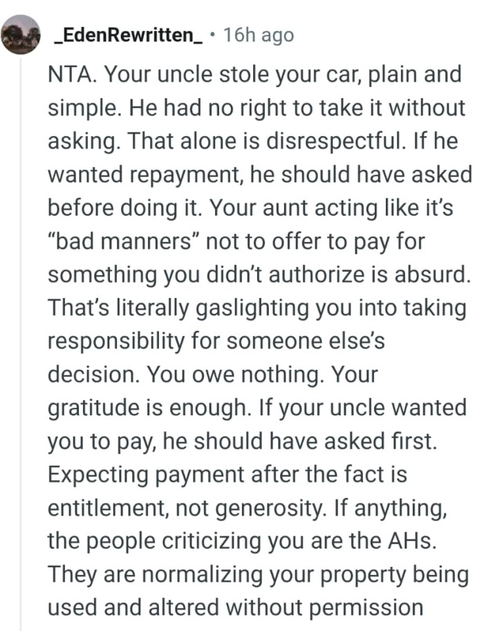 He had no right to take the OP's car without permission