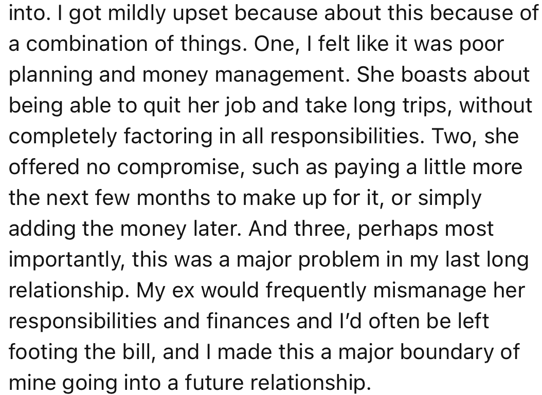 OP Was Upset with Her Reason as He Has Experienced the Same Financial Behavior in a Past Relationship.