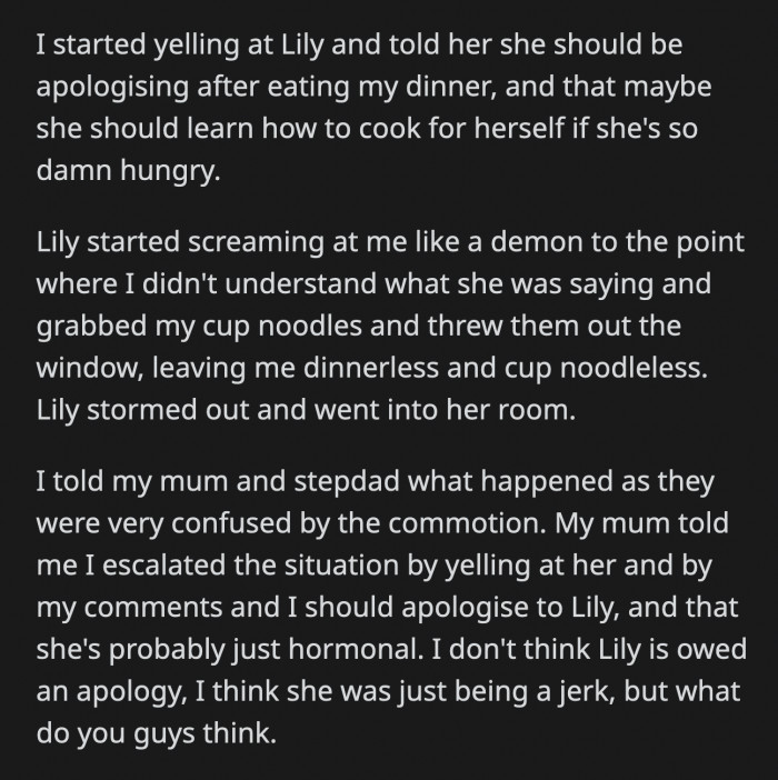 OP's mom said it was her fault for escalating the situation by yelling at Lily and that her pregnant sister might just be hormonal. OP doesn't think she owes Lily any apologies.