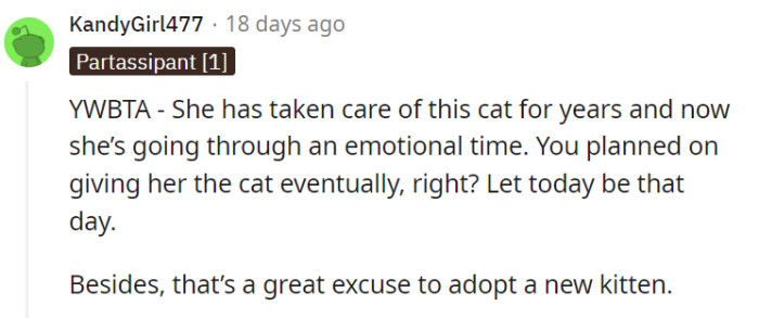 Recognizing the aunt's significant care for the cat over the years and her current emotional state, it would be unkind to demand the cat's return now.