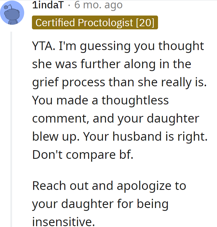 Grief-speedometer glitch: no more boyfriend comparisons. Daughter-diplomacy time.