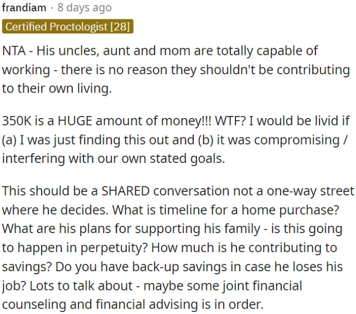 The revelation of $350k being used without discussion is concerning and hinders shared goals.