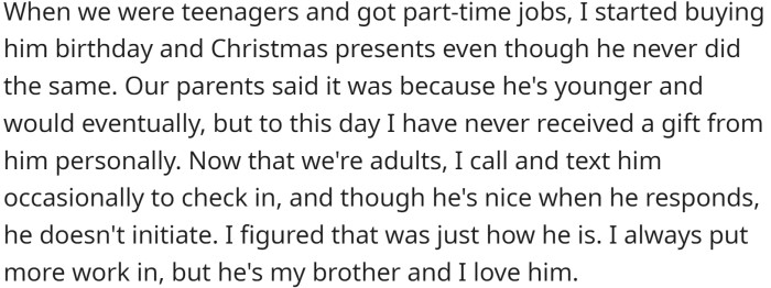 She bought her brother birthday and Christmas presents, but he never reciprocated.