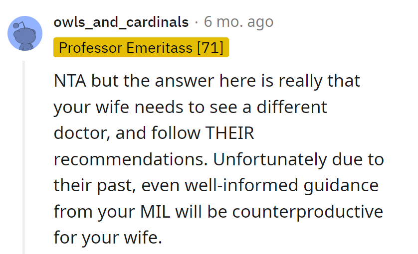 Rx: New doctor for the wife; past drama with MIL's recommendations might cause more side effects than cures.