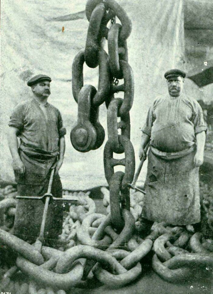 "Anchor Men With Mauretania Chain And Anchor, 1910s. Man On The Right Is Absolute Unit Looking Like Dishonored Character"