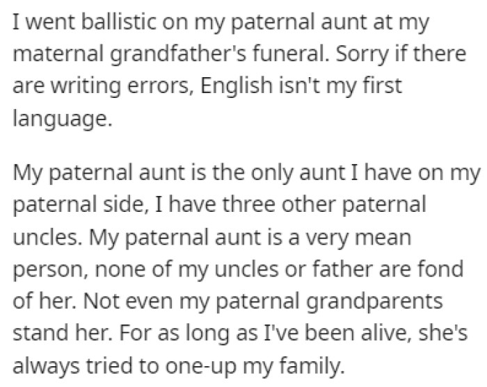 OP's paternal aunt is the only aunt he has on his father's side, and she's a mean person