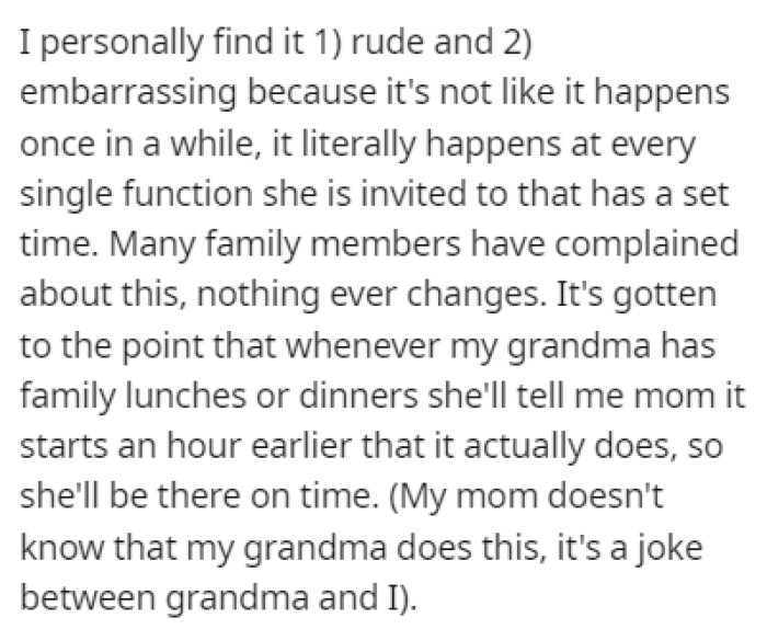 OP thinks that this behavior is rude and embarrassing since it happens at every function she's invited to