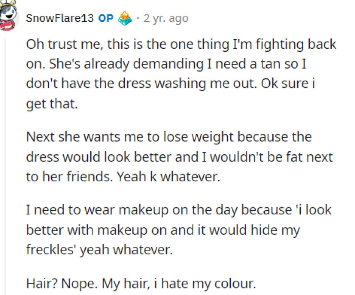 OP actually responds and explains that this is not something that she's willing to give up on. She's fighting for her hair color.