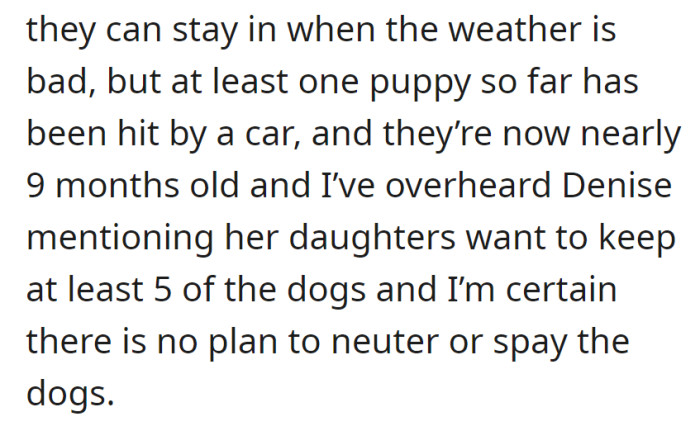 Dogs use a barn, one pup hit by a car. At 9 months, Denise's daughters want to keep 5 dogs, no plans for spaying/neutering.