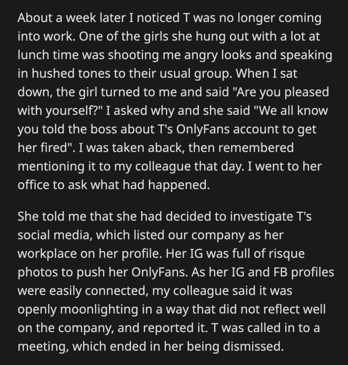 Higher ups called T to a meeting and was subsequently dismissed