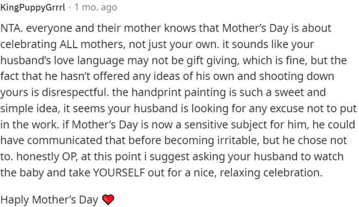 The husband should understand that Mother's Day is about celebrating all mothers