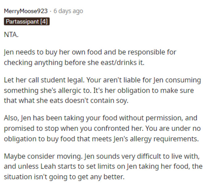 Jen should definitely buy her own food, and that right there is exactly what needs to happen for anything to be resolved, honestly.