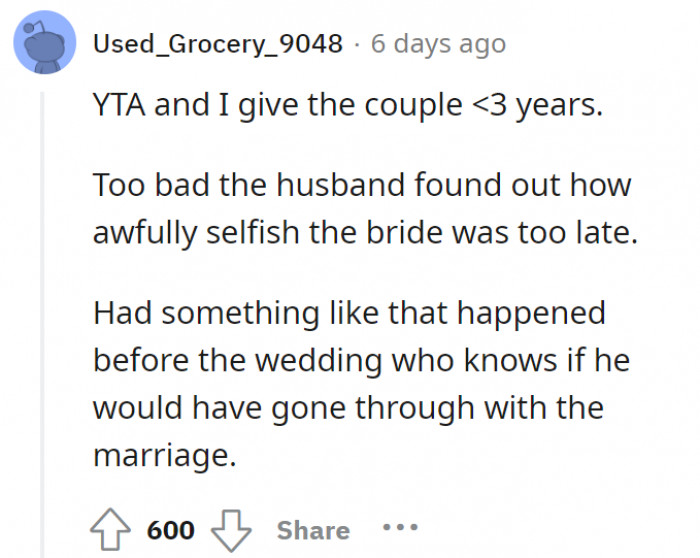 This Redditor bets that the couple wouldn't last long. Too late for the husband.
