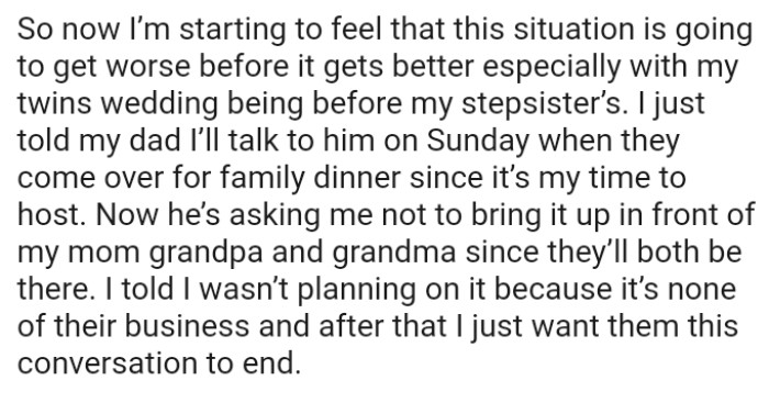 The dad is asking the OP not to bring it up in front of his mom, grandpa and grandma