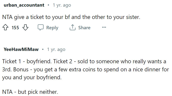 OP should give tickets to BF and sister