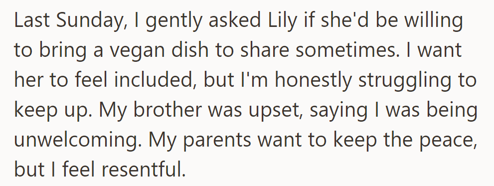 OP asked Lily to contribute a vegan dish for inclusion. Her brother got upset, and the parents only wanted peace—causing resentment.
