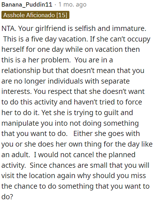 OP's girlfriend's behavior is selfish and immature.