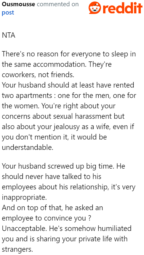 Next time, the husband needs to rent separate accommodations for men and women.