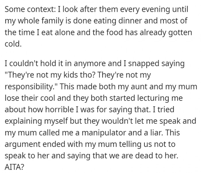 Losing her cool, OP tells their mom that her sisters aren't her responsibility