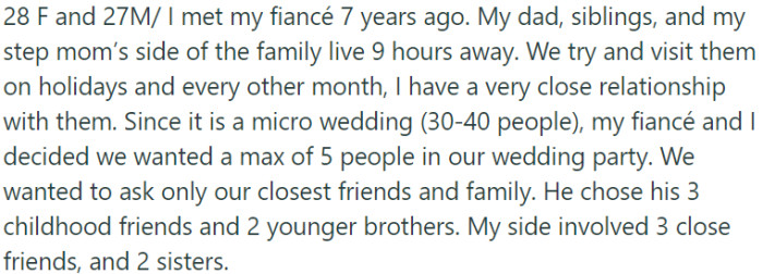 For OP's micro wedding with a limited number of guests, OP and her fiancé decided to have a small wedding party, consisting of their closest friends and family