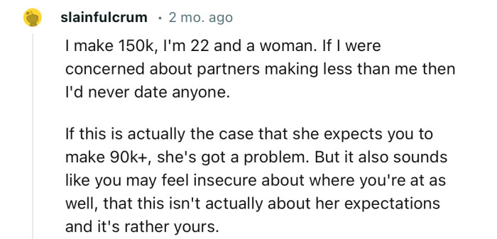 “I Make 150k, I'm 22 and a Woman. If I Were Concerned About Partners Making Less Than Me, Then I'd Never Date Anyone.”