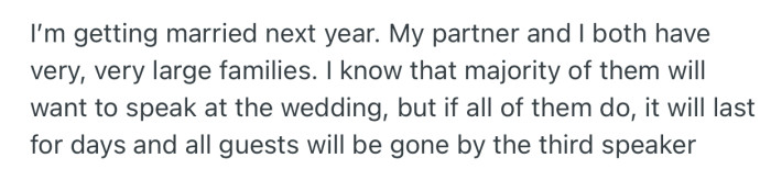 OP is getting married soon, but is worried about how to manage the speeches of family members. Their fear is that too many people may want to talk, which will eat deep into the ceremony